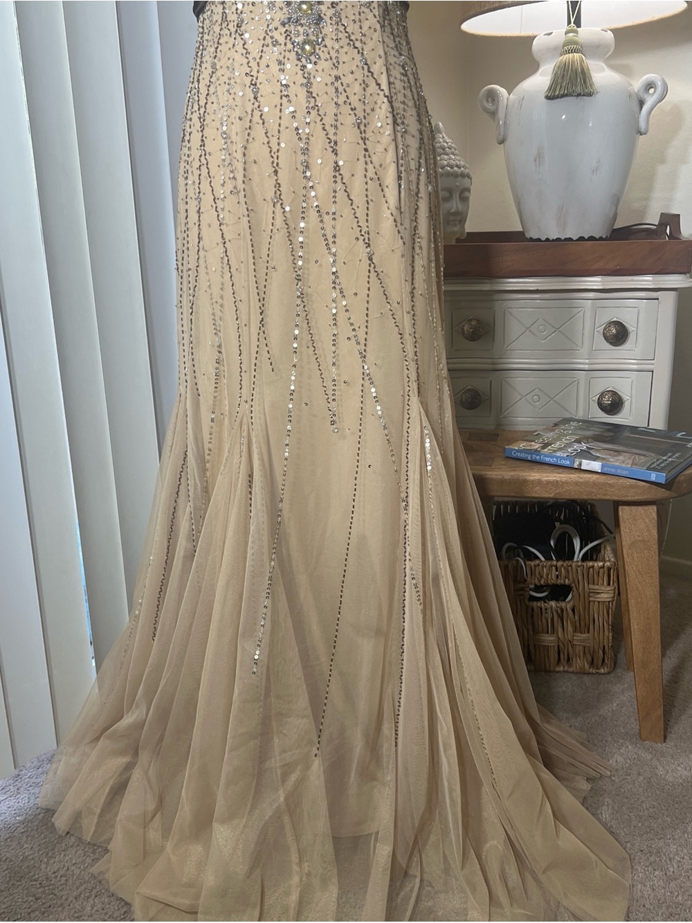 Y2K Cache Sequin Champagne Maxi Dress with Brown Sash - Picture 3 of 7
